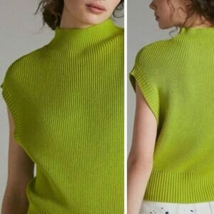 Anthropologie Maeve Amara Sweater Cap Sleeves Ribbed Knit in Chartreuse Green XS